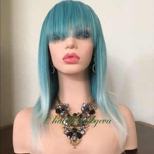Turquoise wig bob wig with bangs 16 inch long